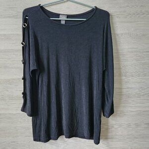 Chico's Travelers 3/4 Cutout Ring Sleeve Black Top Gold Tone Womens 2= Size L